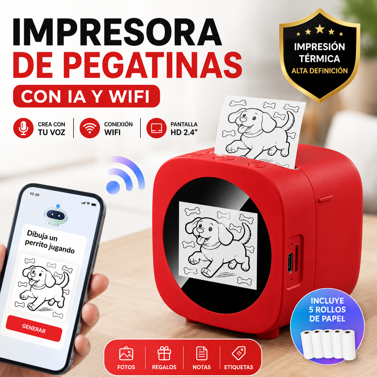 PixiPrint AI™ – Impresora IA con Voz, WiFi y Pantalla HD 2.4″